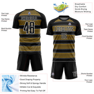 Custom Black Old Gold-White Geometric Shapes And Line Sublimation Soccer Uniform Jersey