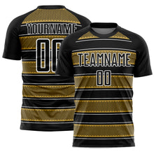 Load image into Gallery viewer, Custom Black Old Gold-White Geometric Shapes And Line Sublimation Soccer Uniform Jersey
