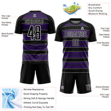 Load image into Gallery viewer, Custom Black Purple-White Geometric Shapes And Line Sublimation Soccer Uniform Jersey
