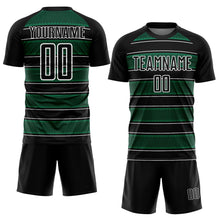 Laden Sie das Bild in den Galerie-Viewer, Custom Black Kelly Green-White Geometric Shapes And Line Sublimation Soccer Uniform Jersey
