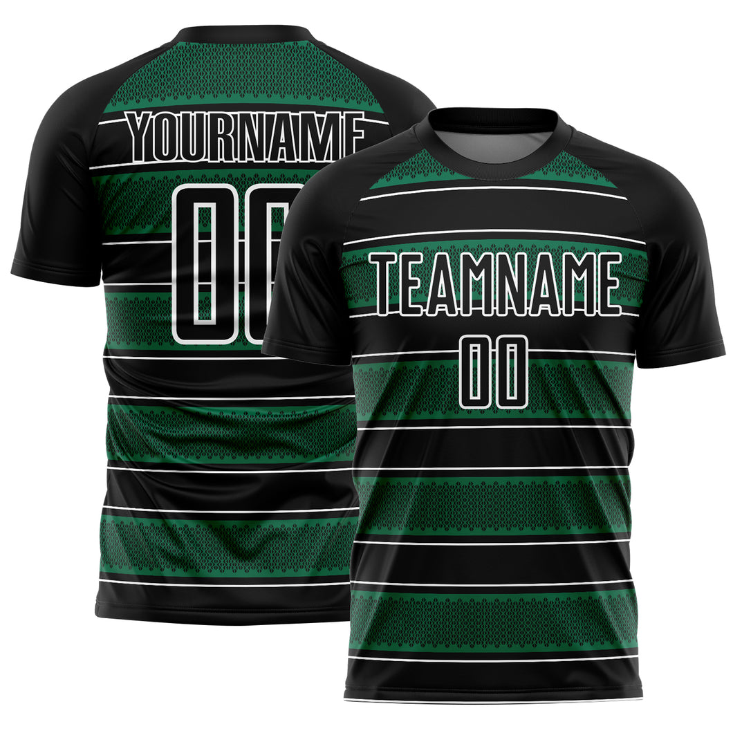 Custom Black Kelly Green-White Geometric Shapes And Line Sublimation Soccer Uniform Jersey