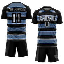 Load image into Gallery viewer, Custom Black Light Blue-White Geometric Shapes And Line Sublimation Soccer Uniform Jersey
