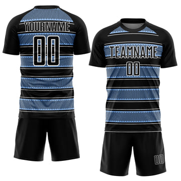 Custom Black Light Blue-White Geometric Shapes And Line Sublimation Soccer Uniform Jersey