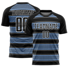 Load image into Gallery viewer, Custom Black Light Blue-White Geometric Shapes And Line Sublimation Soccer Uniform Jersey
