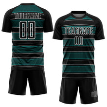 Загрузить изображение в средство просмотра галереи, Custom Black Teal-White Geometric Shapes And Line Sublimation Soccer Uniform Jersey
