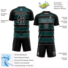 Загрузить изображение в средство просмотра галереи, Custom Black Teal-White Geometric Shapes And Line Sublimation Soccer Uniform Jersey
