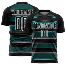 Загрузить изображение в средство просмотра галереи, Custom Black Teal-White Geometric Shapes And Line Sublimation Soccer Uniform Jersey
