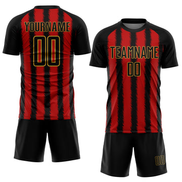 Custom Black Red-Old Gold Line Sublimation Soccer Uniform Jersey