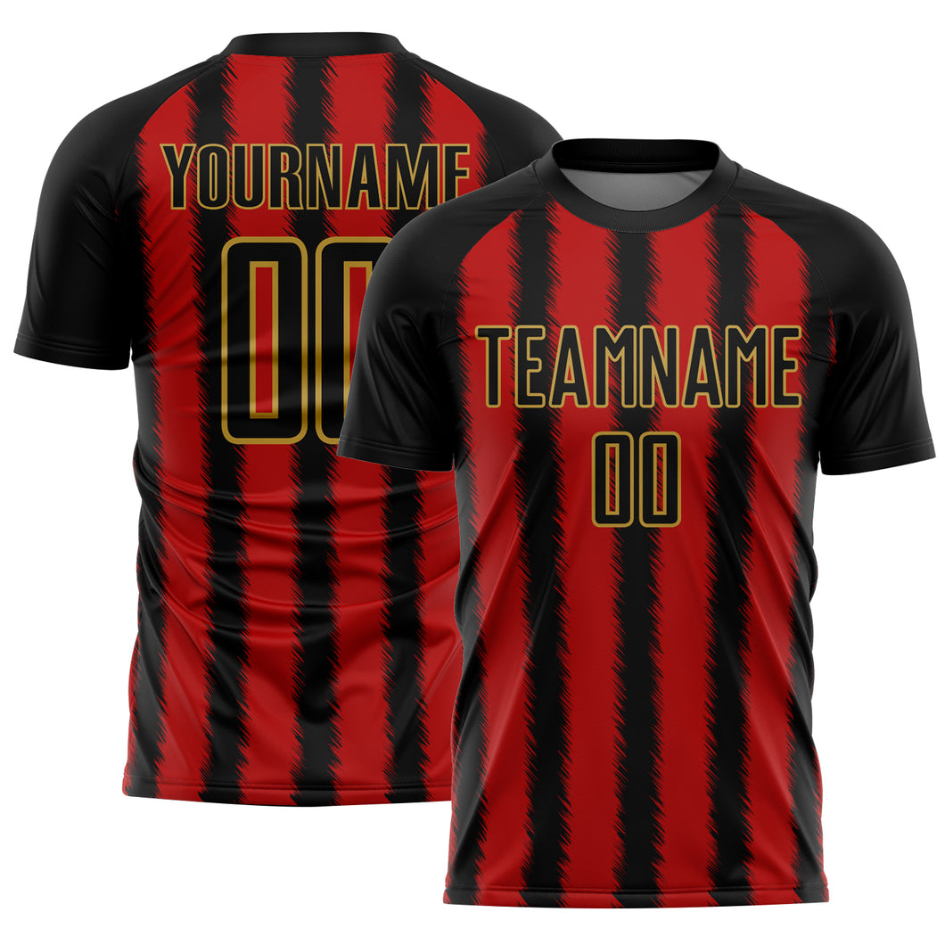 Custom Black Red-Old Gold Line Sublimation Soccer Uniform Jersey