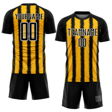 Laden Sie das Bild in den Galerie-Viewer, Custom Black Gold-White Line Sublimation Soccer Uniform Jersey
