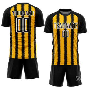 Custom Black Gold-White Line Sublimation Soccer Uniform Jersey