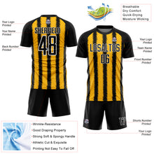 Laden Sie das Bild in den Galerie-Viewer, Custom Black Gold-White Line Sublimation Soccer Uniform Jersey
