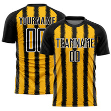 Laden Sie das Bild in den Galerie-Viewer, Custom Black Gold-White Line Sublimation Soccer Uniform Jersey
