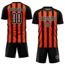 Laden Sie das Bild in den Galerie-Viewer, Custom Black Orange-White Line Sublimation Soccer Uniform Jersey
