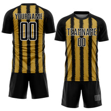 Laden Sie das Bild in den Galerie-Viewer, Custom Black Old Gold-White Line Sublimation Soccer Uniform Jersey
