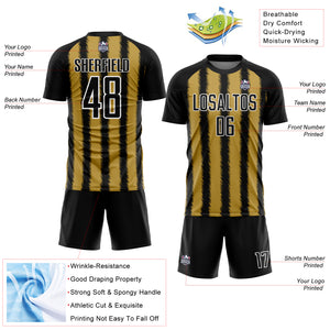 Custom Black Old Gold-White Line Sublimation Soccer Uniform Jersey