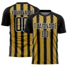 Laden Sie das Bild in den Galerie-Viewer, Custom Black Old Gold-White Line Sublimation Soccer Uniform Jersey
