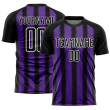 Laden Sie das Bild in den Galerie-Viewer, Custom Black Purple-White Line Sublimation Soccer Uniform Jersey
