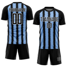 Laden Sie das Bild in den Galerie-Viewer, Custom Black Light Blue-White Line Sublimation Soccer Uniform Jersey
