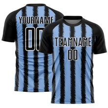 Laden Sie das Bild in den Galerie-Viewer, Custom Black Light Blue-White Line Sublimation Soccer Uniform Jersey
