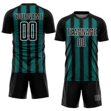 Laden Sie das Bild in den Galerie-Viewer, Custom Black Teal-White Line Sublimation Soccer Uniform Jersey
