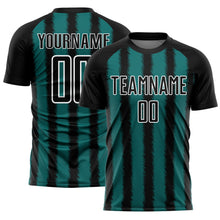 Laden Sie das Bild in den Galerie-Viewer, Custom Black Teal-White Line Sublimation Soccer Uniform Jersey
