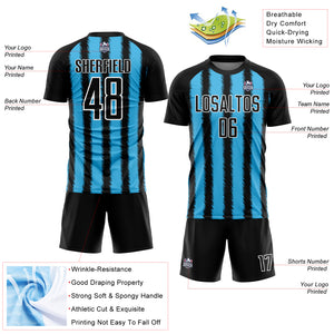 Custom Black Sky Blue-White Line Sublimation Soccer Uniform Jersey