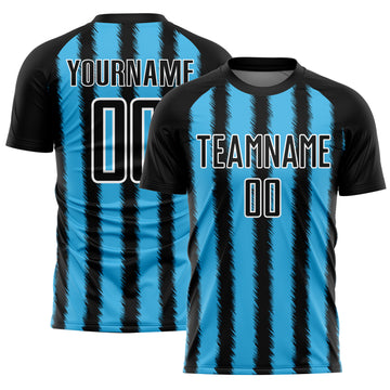 Custom Black Sky Blue-White Line Sublimation Soccer Uniform Jersey