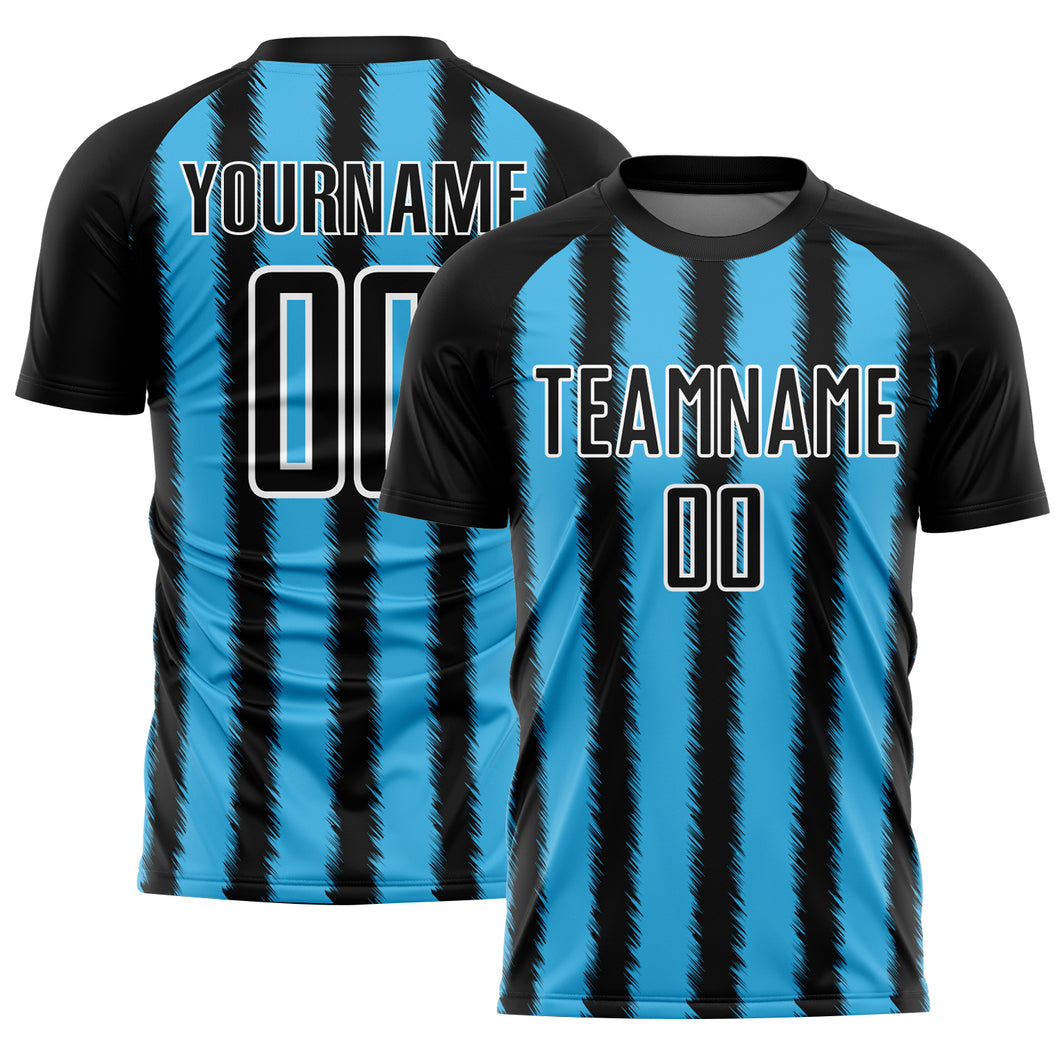 Custom Black Sky Blue-White Line Sublimation Soccer Uniform Jersey