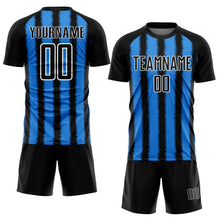 Laden Sie das Bild in den Galerie-Viewer, Custom Black Powder Blue-White Line Sublimation Soccer Uniform Jersey
