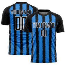 Laden Sie das Bild in den Galerie-Viewer, Custom Black Powder Blue-White Line Sublimation Soccer Uniform Jersey
