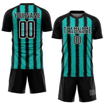 Custom Black Aqua-White Line Sublimation Soccer Uniform Jersey