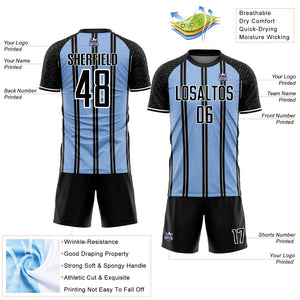 Custom Black Light Blue-White Line Sublimation Soccer Uniform Jersey