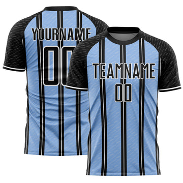 Custom Black Light Blue-White Line Sublimation Soccer Uniform Jersey