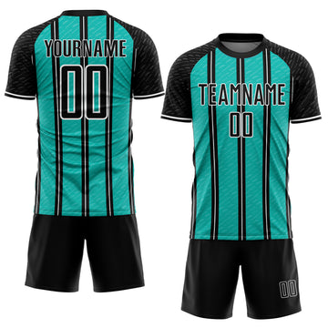 Custom Black Aqua-White Line Sublimation Soccer Uniform Jersey