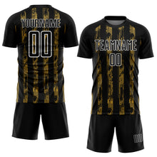 Load image into Gallery viewer, Custom Black Old Gold-White Line Sublimation Soccer Uniform Jersey
