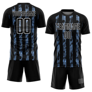 Custom Black Light Blue-White Line Sublimation Soccer Uniform Jersey