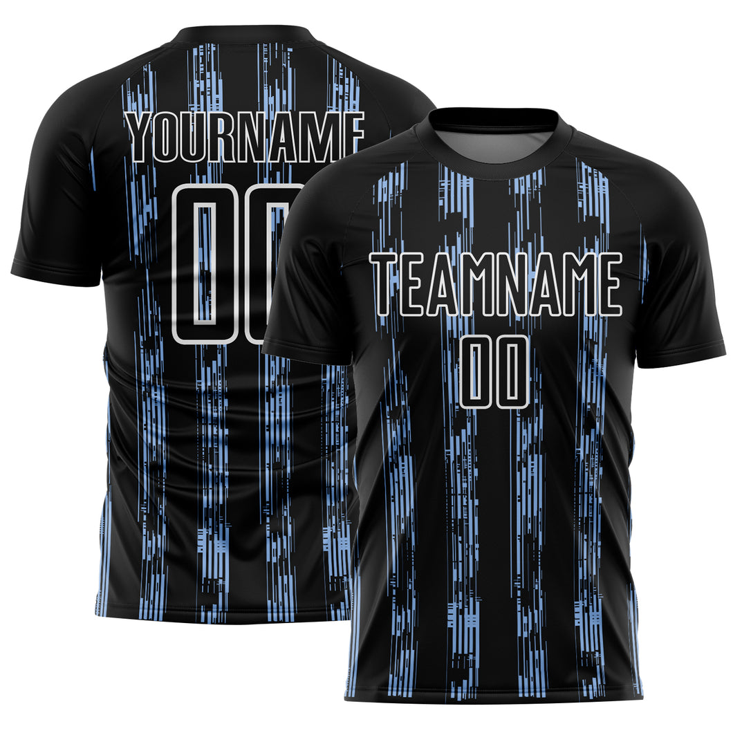 Custom Black Light Blue-White Line Sublimation Soccer Uniform Jersey