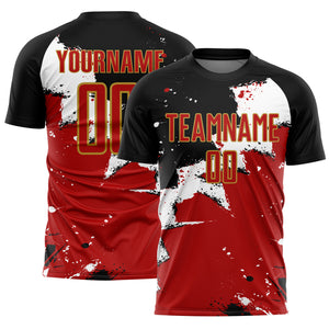 Custom Black Red-Old Gold Spalsh Sublimation Soccer Uniform Jersey