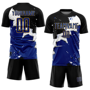 Custom Black Royal-Old Gold Spalsh Sublimation Soccer Uniform Jersey