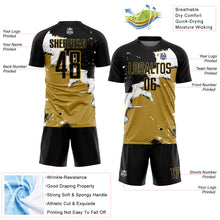 Load image into Gallery viewer, Custom Black White-Old Gold Spalsh Sublimation Soccer Uniform Jersey
