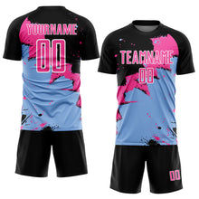 Load image into Gallery viewer, Custom Black Pink-Light Blue Spalsh Sublimation Soccer Uniform Jersey
