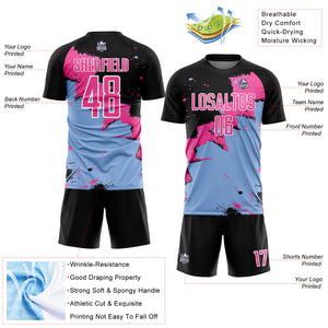 Custom Black Pink-Light Blue Spalsh Sublimation Soccer Uniform Jersey