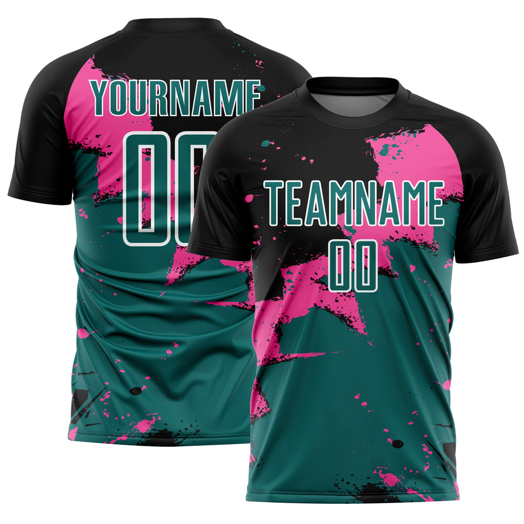 Custom Black Teal-Pink Spalsh Sublimation Soccer Uniform Jersey