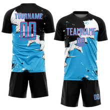 Load image into Gallery viewer, Custom Black Sky Blue-Pink Spalsh Sublimation Soccer Uniform Jersey
