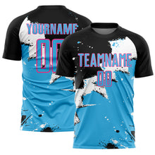 Load image into Gallery viewer, Custom Black Sky Blue-Pink Spalsh Sublimation Soccer Uniform Jersey
