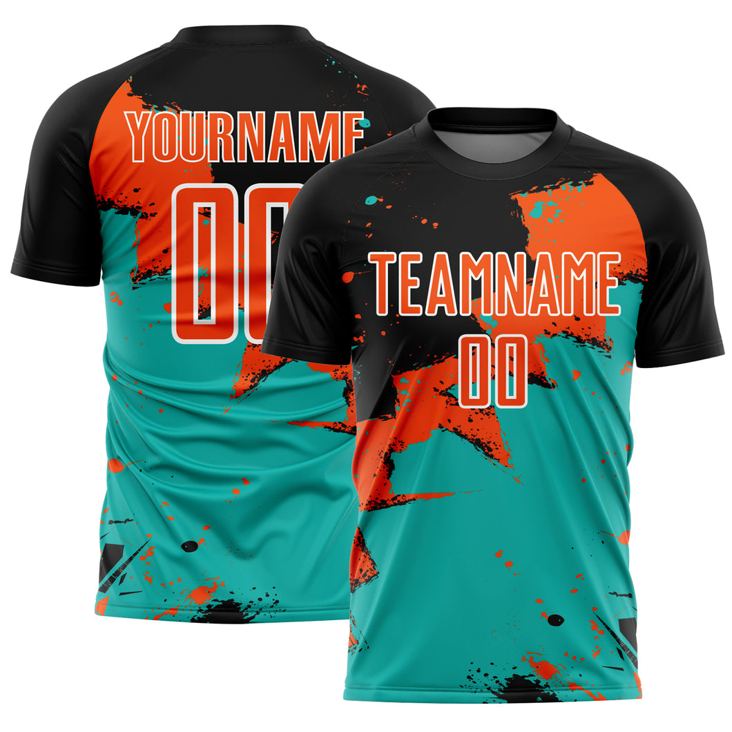 Custom Black Orange-Aqua Spalsh Sublimation Soccer Uniform Jersey