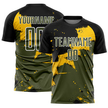 Load image into Gallery viewer, Custom Black Olive-Yellow Spalsh Sublimation Soccer Uniform Jersey
