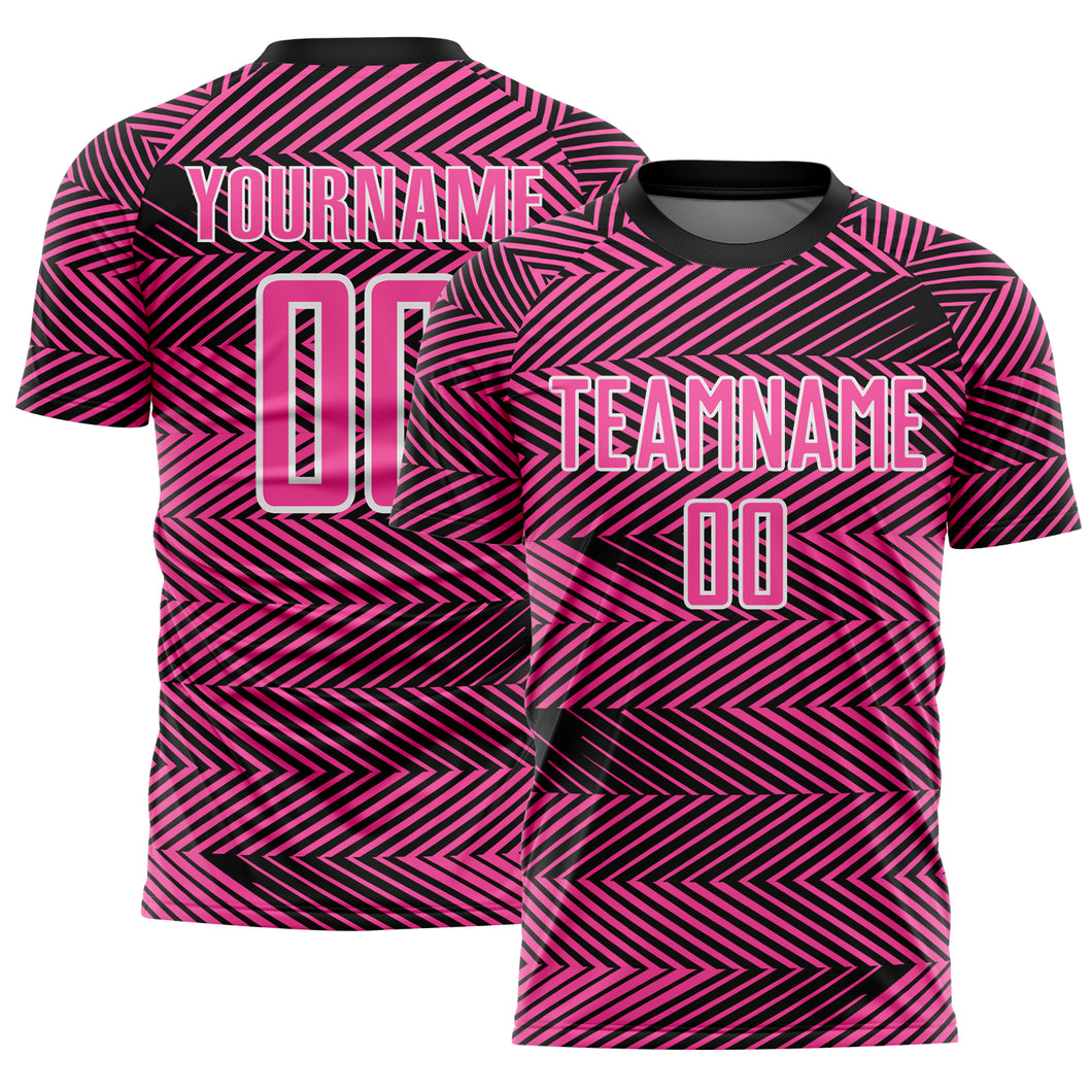 Custom Pink Black-White Line Sublimation Soccer Uniform Jersey