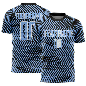 Custom Light Blue Black-White Line Sublimation Soccer Uniform Jersey